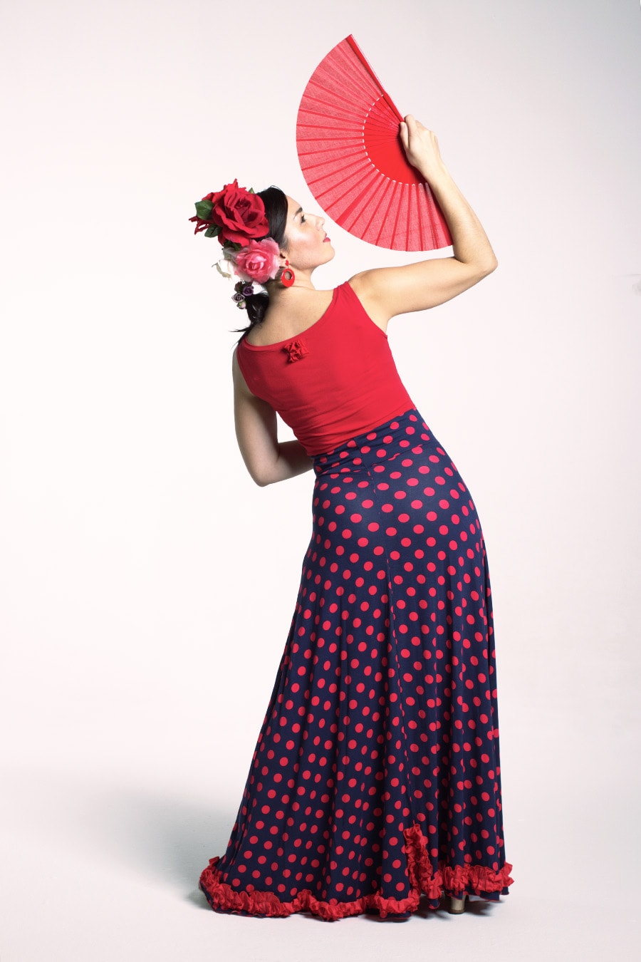 A-line flamenco skirt with dark blue-red polka dot print